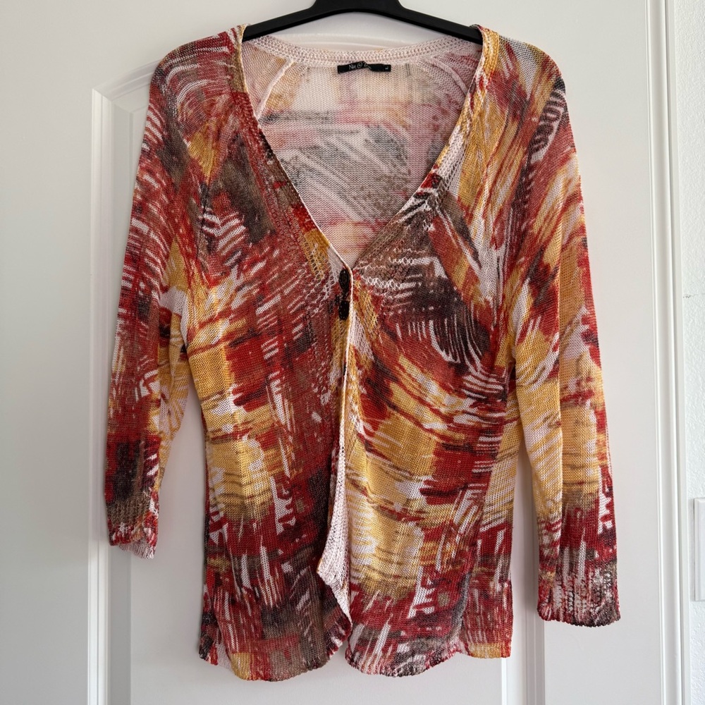 Nic+Zoe Y2K Boho Abstract Multicolor Linen Cardigan Sweater Open Knit V-Neck L